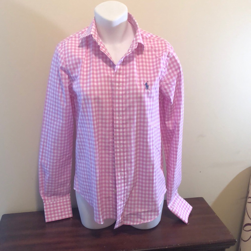 Pink and white polo button down shirt